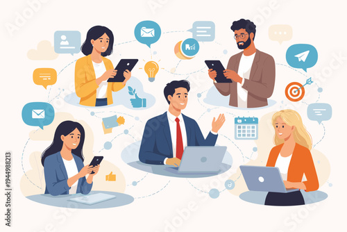 Diverse businesspeople collaborating and communicating via digital platforms using laptops and tablets. Flat vector illustration of remote team networking with icons for email, chat, and ideas.
