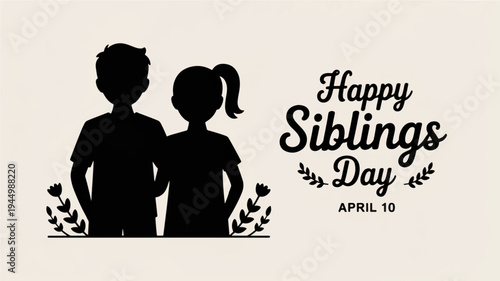 Silhouette of a boy and girl celebrating siblings day on april 15 with floral designs on a beige background