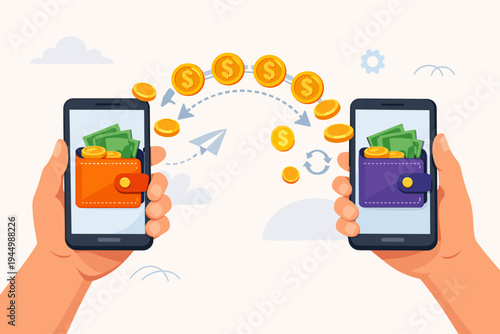 Flat vector illustration of money being transferred between two digital wallets on smartphones held by hands. Gold coins and cash moving via mobile app for online banking and fintech payments.