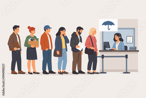 Diverse Group of Unemployed Men and Women Standing in Line at a Social Security Office or Insurance Agency to Apply for Unemployment Benefits, Financial Support, and Job Search Assistance.
