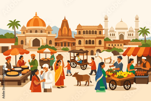 Vibrant Indian Town Scene Vector Illustration Featuring Traditional Architecture, Temples, Mosques, Street Food Vendors, Fruit Carts, People in Ethnic Attire, Rickshaws, and Sacred Cows in Flat Art