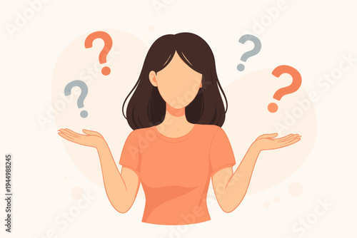 Flat Vector Illustration of a Faceless Woman Shrugging with Question Marks Around Her Head Representing Confusion, Uncertainty, Decision Making, Problem Solving, FAQ Support and Unknown User Profile