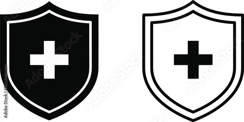 Vector Icon Set Featuring Shield Symbols with Medical Plus Cross Representing Health Insurance Security Protection Healthcare Safety and Medical First Aid