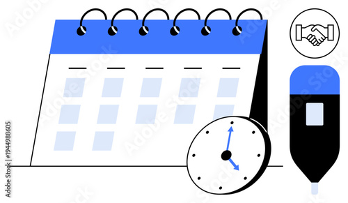 Scheduling concept. Scheduling with a calendar, clock, pen, and handshake icon time management, collaboration, and planning. For productivity, teamwork organization office tools and meetings