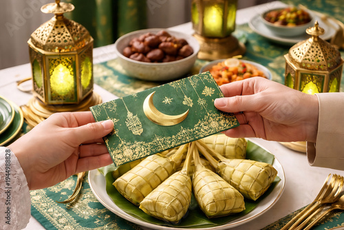 Close-up scene of hands exchanging festive envelopes during Eid al-Fitr. Suitable for concepts of generosity, holiday giving, and cultural traditions.