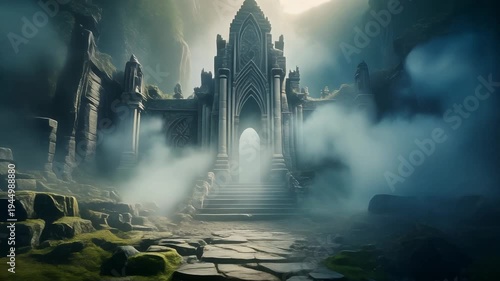 A mystical castle entrance stands shrouded in fog on a stone pathway