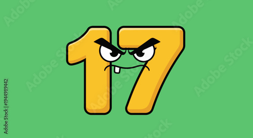 Angry Cartoon Number 17 on Green Background