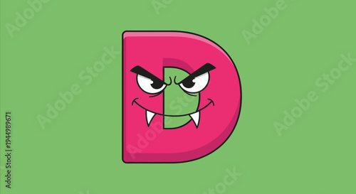 Cartoon D Letter with Evil Face on Green Background
