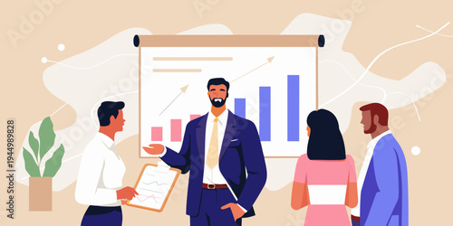 Business presentation with a diverse team analyzing growth charts and data