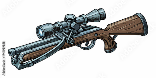 Detailed illustration of a vintage crossbow with a telescopic sight