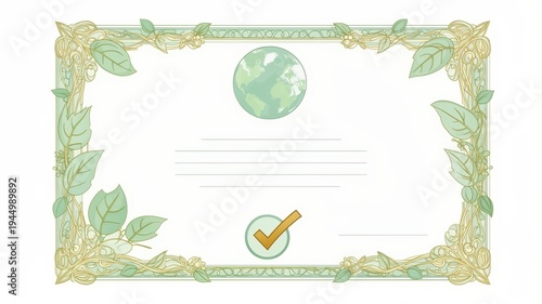 Green Hydrogen Carbon Capture concept. Certificate template with leafy border, globe icon and checkmark seal
