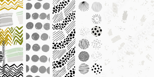 Collection of abstract brushstroke and geometric patterned swatches