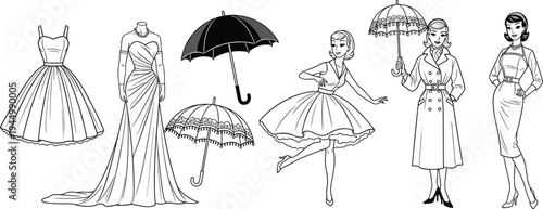 Vintage Fashion Illustration Set Featuring 1950s Style Dresses Elegant Women Figures Parasols and Classic Trench Coat Outline Vector Design Elements