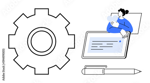Digital collaboration concept. Digital tools thumbs up a gear, tablet, and pen facilitate teamwork and user interaction. Digital collaboration enhances productivity and innovation. For education