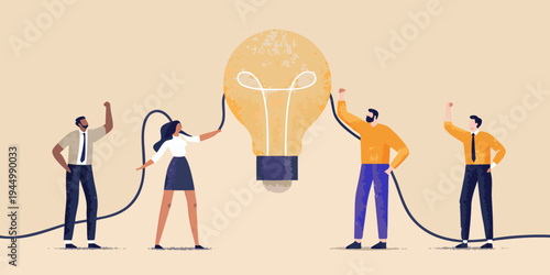 Teamwork fuels a bright idea represented by a glowing lightbulb