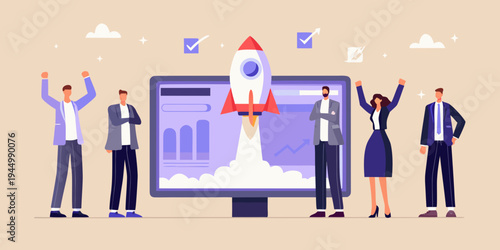 Successful startup launch celebrated by a team in front of a monitor