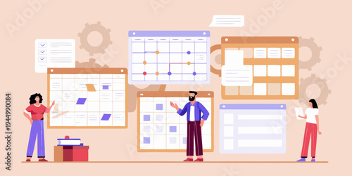 Team collaborates around planning boards and calendars for project management