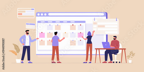 Team collaborating on a project management board with sticky notes