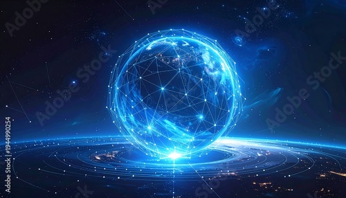 A glowing blue sphere with network connections on a futuristic planet