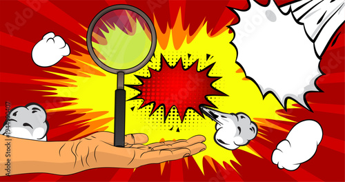 Cartoon, comic book human hands holding Magnifying glass. Retro vector comics pop art design.