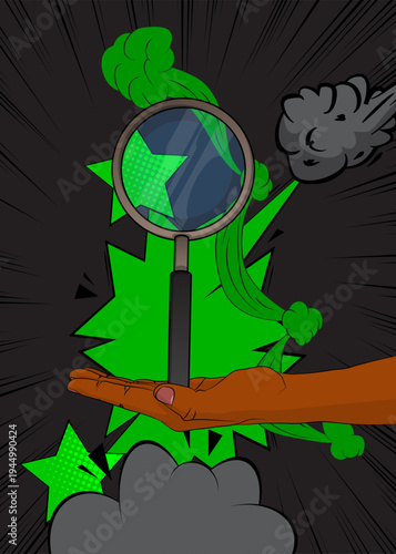 Cartoon, comic book human hands holding Magnifying glass. Retro vector comics pop art design.