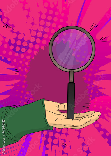 Cartoon, comic book human hands holding Magnifying glass. Retro vector comics pop art design.