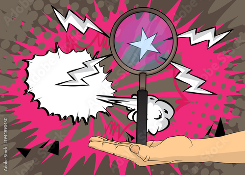 Cartoon, comic book human hands holding Magnifying glass. Retro vector comics pop art design.