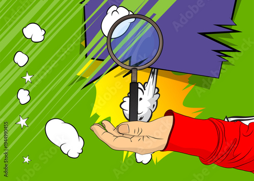 Cartoon, comic book human hands holding Magnifying glass. Retro vector comics pop art design.