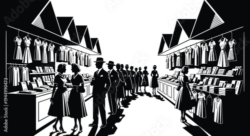 Vintage Mid Century High Contrast Black and White Vector Illustration of Elegant People Shopping in a Retro Boutique Fashion Market