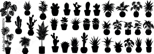 Large collection of houseplant and cactus silhouettes in pots