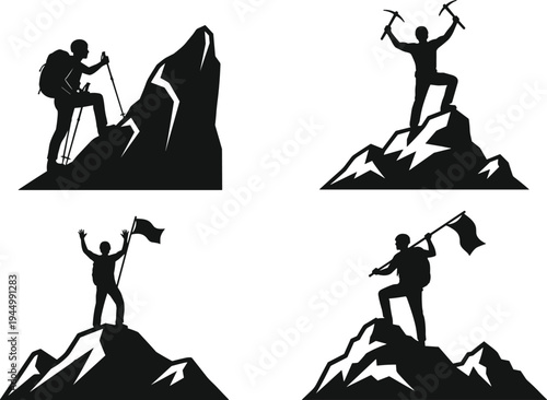 Set of Mountain Climber Silhouettes Featuring Alpinists Reaching Summit with Flag and Ice Axe for Outdoor Adventure Achievement and Success