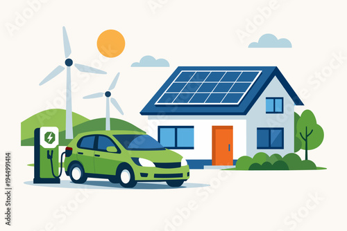 Flat vector illustration of a green electric car charging at a modern house with solar panels on the roof and wind turbines in the background, representing sustainable living and renewable energy.