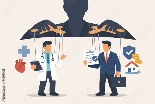 Flat style illustration of a shadowy puppet master manipulating a doctor and an insurance agent behind the scenes, representing corporate control, healthcare corruption, and hidden influence.