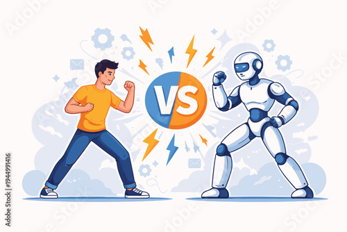 Human vs Robot Battle Concept Illustration: Man Facing Off Against Artificial Intelligence Android in a Competitive Fight, Future Technology and Machine Learning Versus Human Skill and Power
