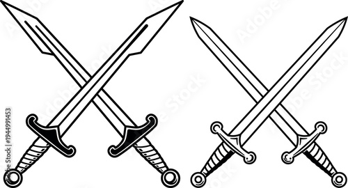 Crossed Swords and Sword Pair Outline Vector Illustration