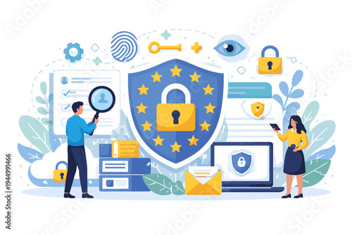 General Data Protection Regulation GDPR concept illustration with EU shield, padlock, and stars. People managing personal data privacy, digital security, compliance, and biometric protection.