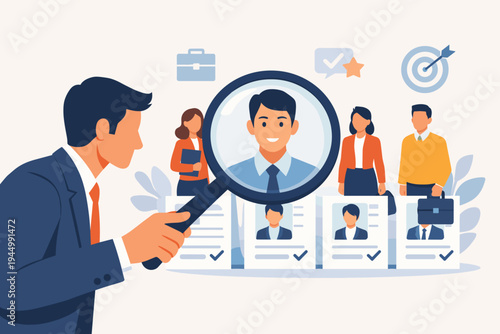 HR manager searching for the best employee through a magnifying glass. Recruitment process, talent acquisition, and job interview concept with candidates, resumes, and business icons.
