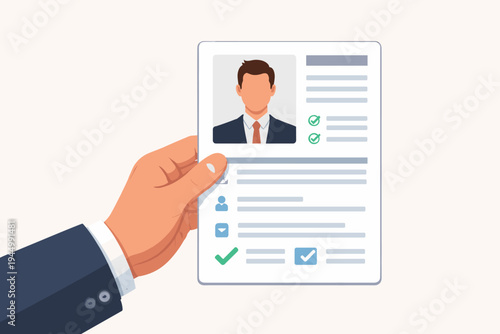 Hand of a Recruiter Holding a Professional CV Resume Document of a Job Applicant. Concept for Hiring, Recruitment, Human Resources Management, Career Search, and Employment. Flat Vector Design.