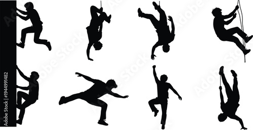 Set of Rock Climbing Silhouettes Featuring Bouldering Rappelling and Mountaineering Action Poses for Extreme Sports Outdoor Adventure and Logo Design