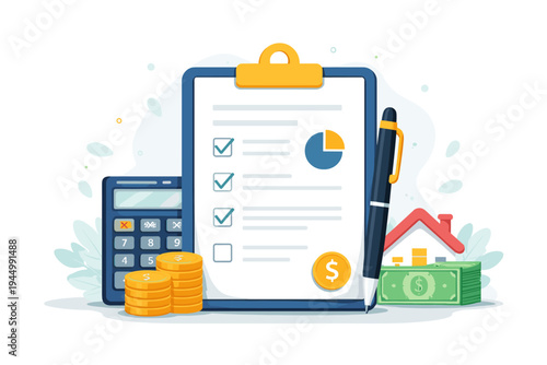Flat vector illustration of a clipboard with a loan application form, checklist, calculator, stacks of gold coins, a pen, and a house icon for mortgage, real estate, and financial planning.