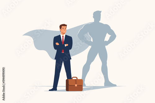 Confident Businessman in Suit Standing with Arms Crossed and a Large Superhero Shadow with Cape Behind Him, Symbolizing Inner Strength, Leadership, Success, and Professional Potential Vector