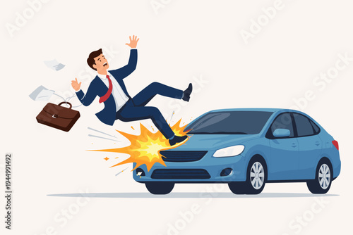 Vector Illustration of a Businessman in a Suit Being Hit by a Blue Car in a Road Accident, Pedestrian Collision Scene with Flying Briefcase and Papers, Concept of Insurance, Safety, and Danger