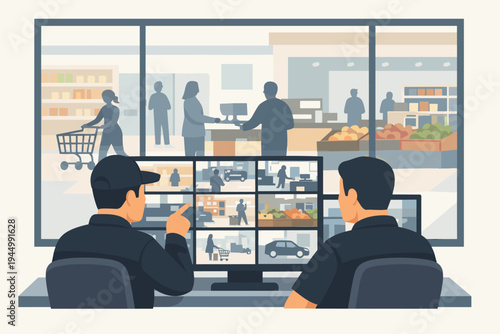 Professional security guards watching multiple CCTV monitor screens in a surveillance room, monitoring supermarket activity, shoppers, and parking area to ensure retail safety and prevention.