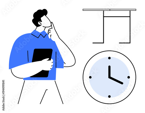 Time management, productivity, decision making, scheduling, planning, contemplation. Person thinking with a tablet, clock and table. Time management and productivity concept