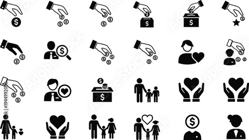 Set of Solid Black Vector Icons Representing Charitable Money Donations Financial Giving Philanthropy Family Support Social Welfare Programs and Community Care
