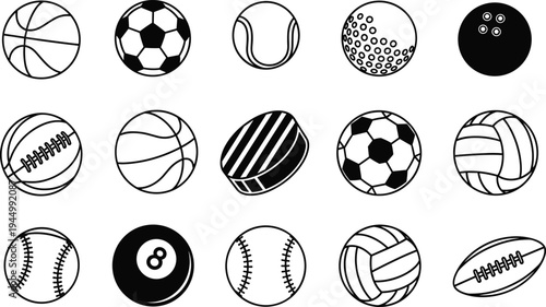 Set of Sports Ball Icons with Soccer Basketball Football Baseball Tennis and Hockey Elements for Athletic Competition and Team Logo Design