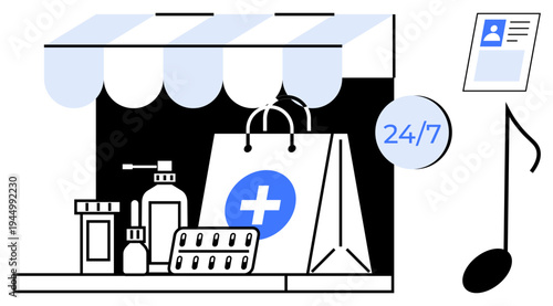 Online pharmacy concept. Online pharmacy 247 services, medical supplies, and e-commerce store accessibility. Online pharmacy for convenience, healthcare, and digital shopping. Usable for healthcare