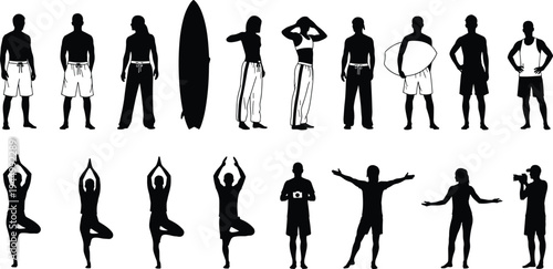 Set of Summer People Silhouettes Featuring Surfers with Surfboards Yoga Tree Poses Photographers and Beach Travelers for Active Lifestyle Design
