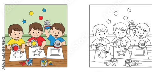 Cute cartoon boys stamping shapes on paper with paint, vector illustration. Includes color version and black and white line art coloring page for children's art and craft activity books.