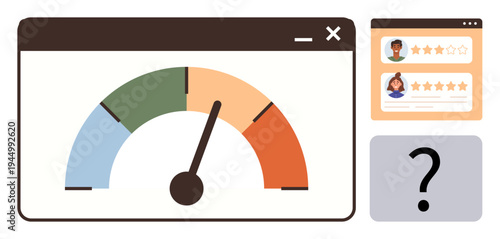 Business performance, customer reviews, satisfaction, ratings, decision-making, user feedback. A speedometer gauge with profiles and stars. Business performance and customer reviews concept